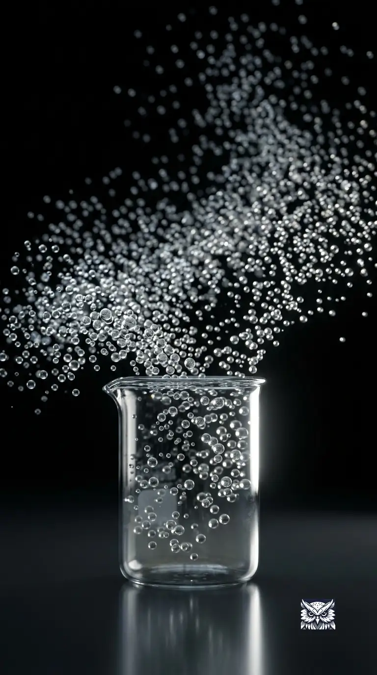 A glass beaker releasing a swirling cloud of thousands of tiny glowing spheres in a dark studio, representing a single mole of particles
