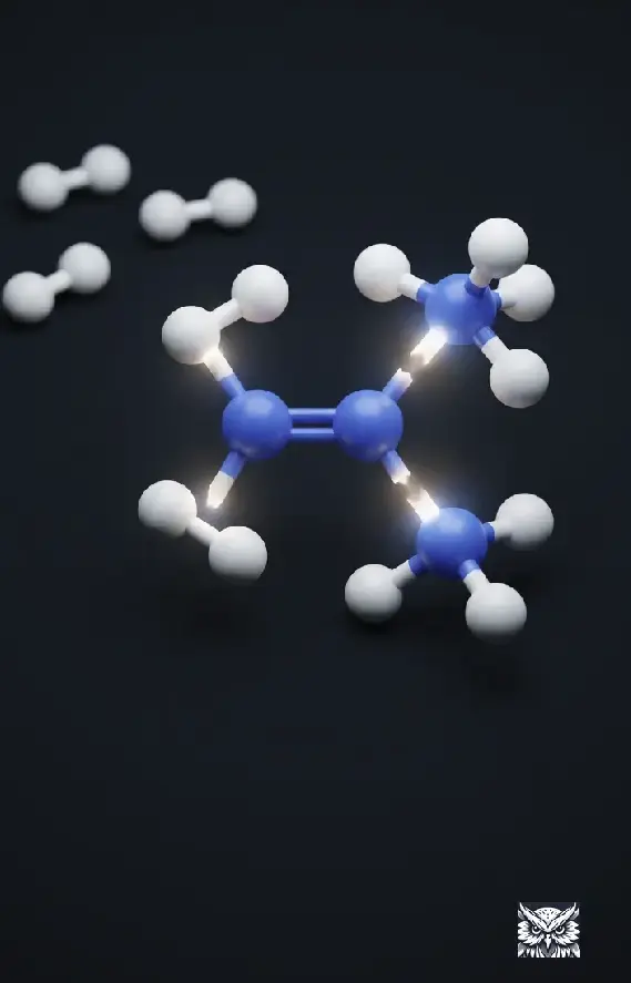 Nitrogen and hydrogen molecular models combining in an exact ratio to form ammonia, with untouched excess hydrogen at the frame's edge
