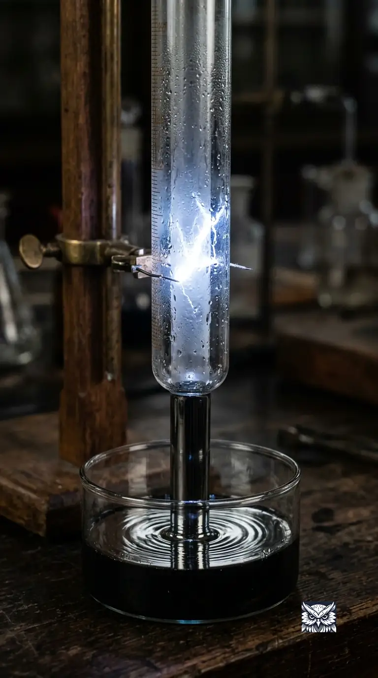 A glass eudiometer tube inverted over mercury, a spark igniting a trapped gas mixture inside it