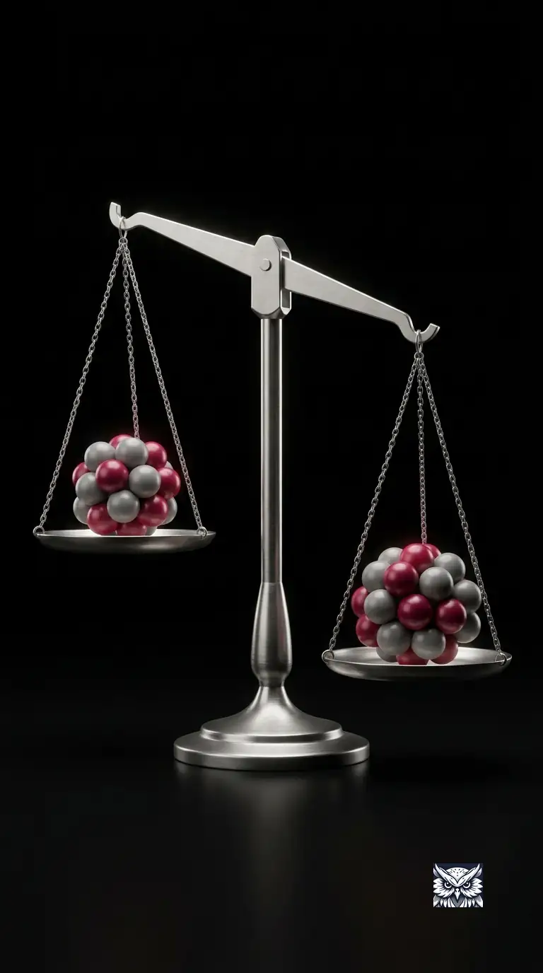 Two atomic nucleus models of the same element with different neutron counts, tipping a precision balance
