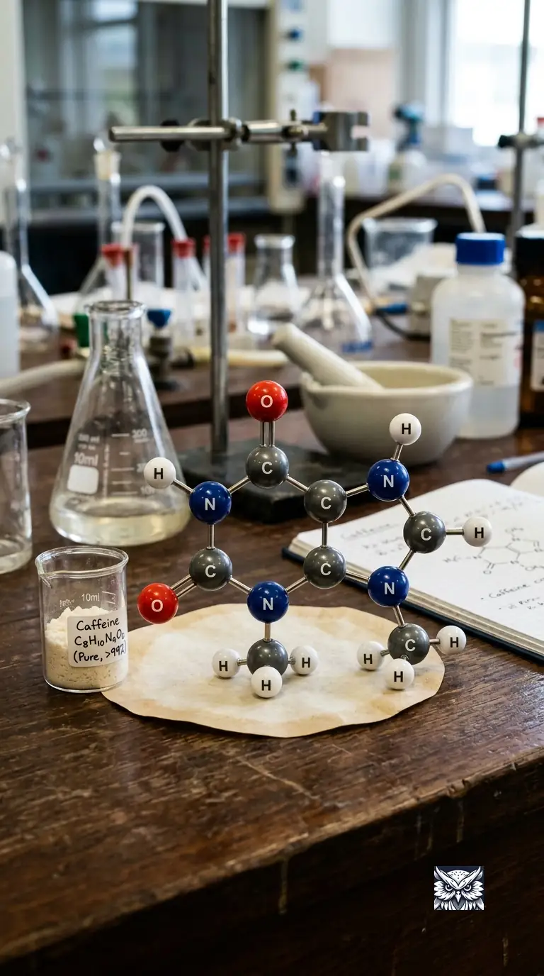 A caffeine molecule rendered as a photorealistic ball-and-stick model