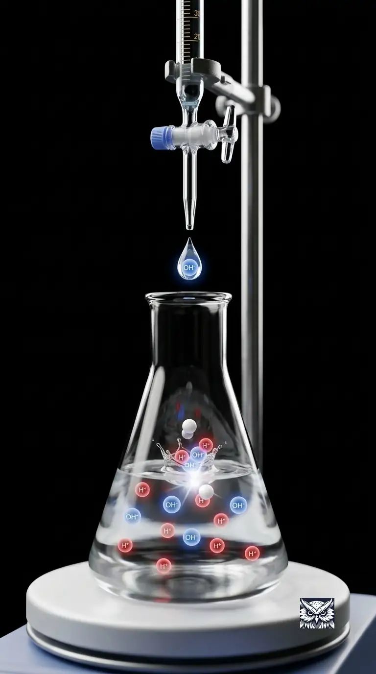 A single liquid drop suspended mid-fall, glowing red and blue ions inside it pairing off during neutralization
