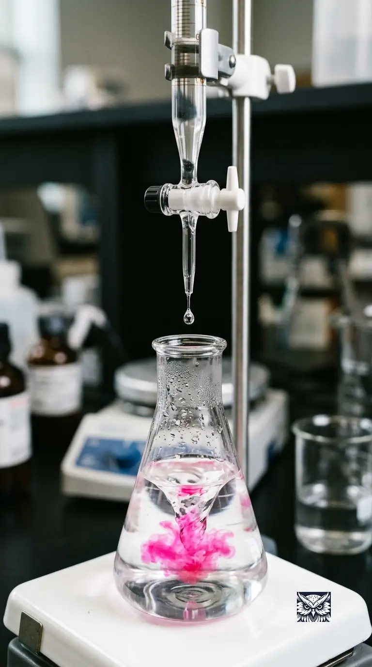 A burette dripping into a conical flask at the exact moment the indicator turns from colourless to pink