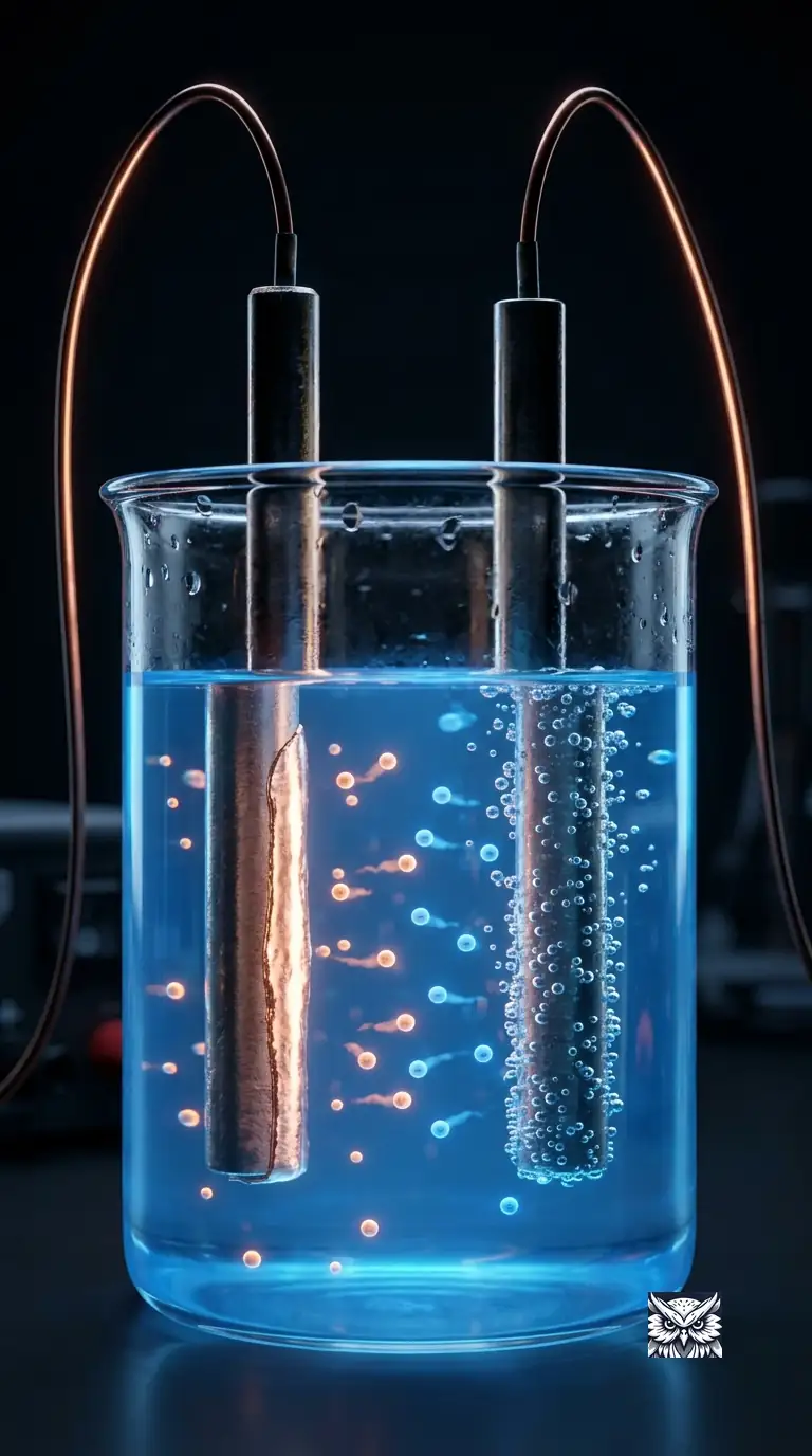 Two electrodes submerged in glowing electrolyte solution, with metal visibly plating onto one electrode