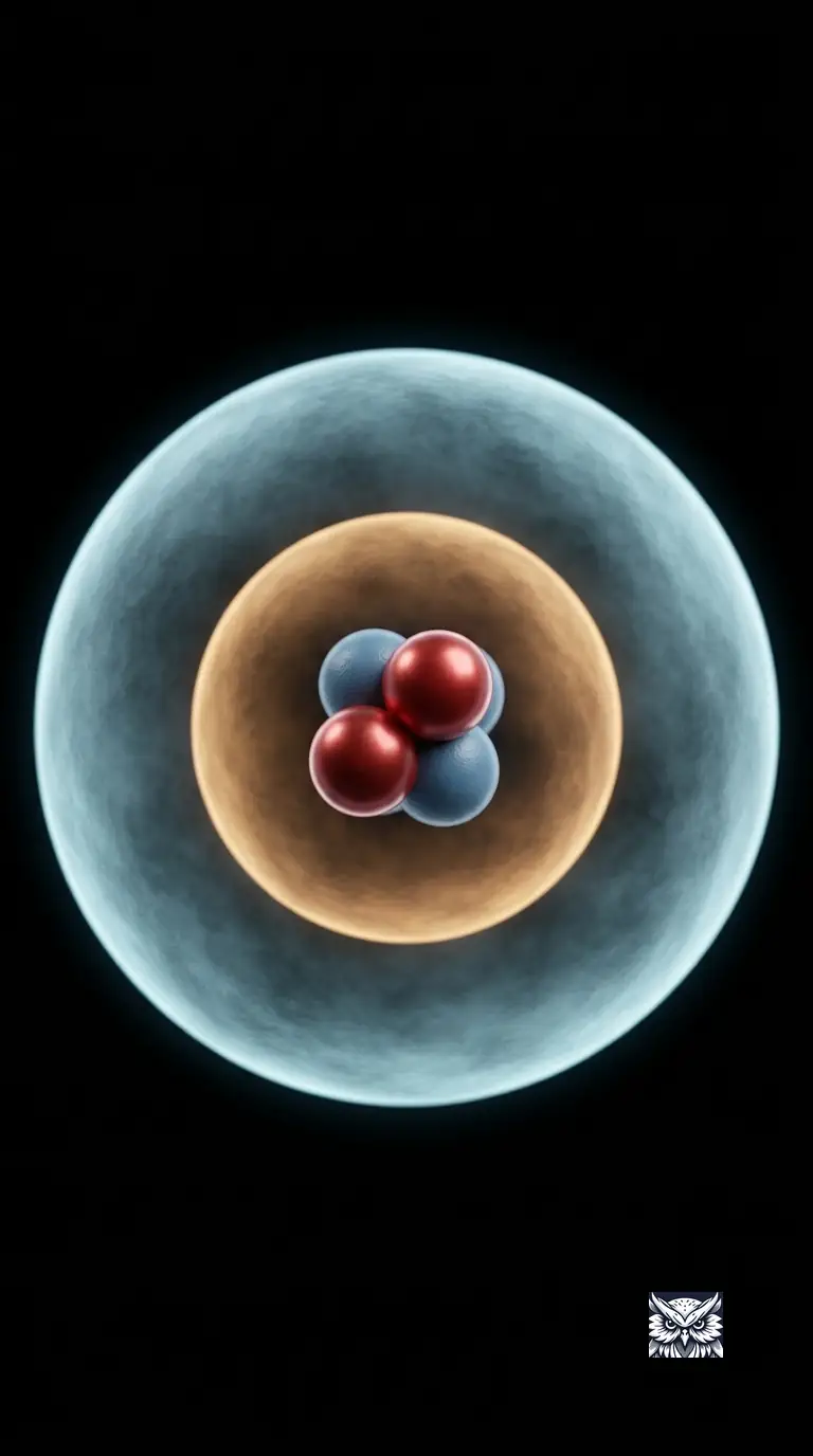 A helium nucleus surrounded by two electrons rendered as glowing quantum-mechanical light trails