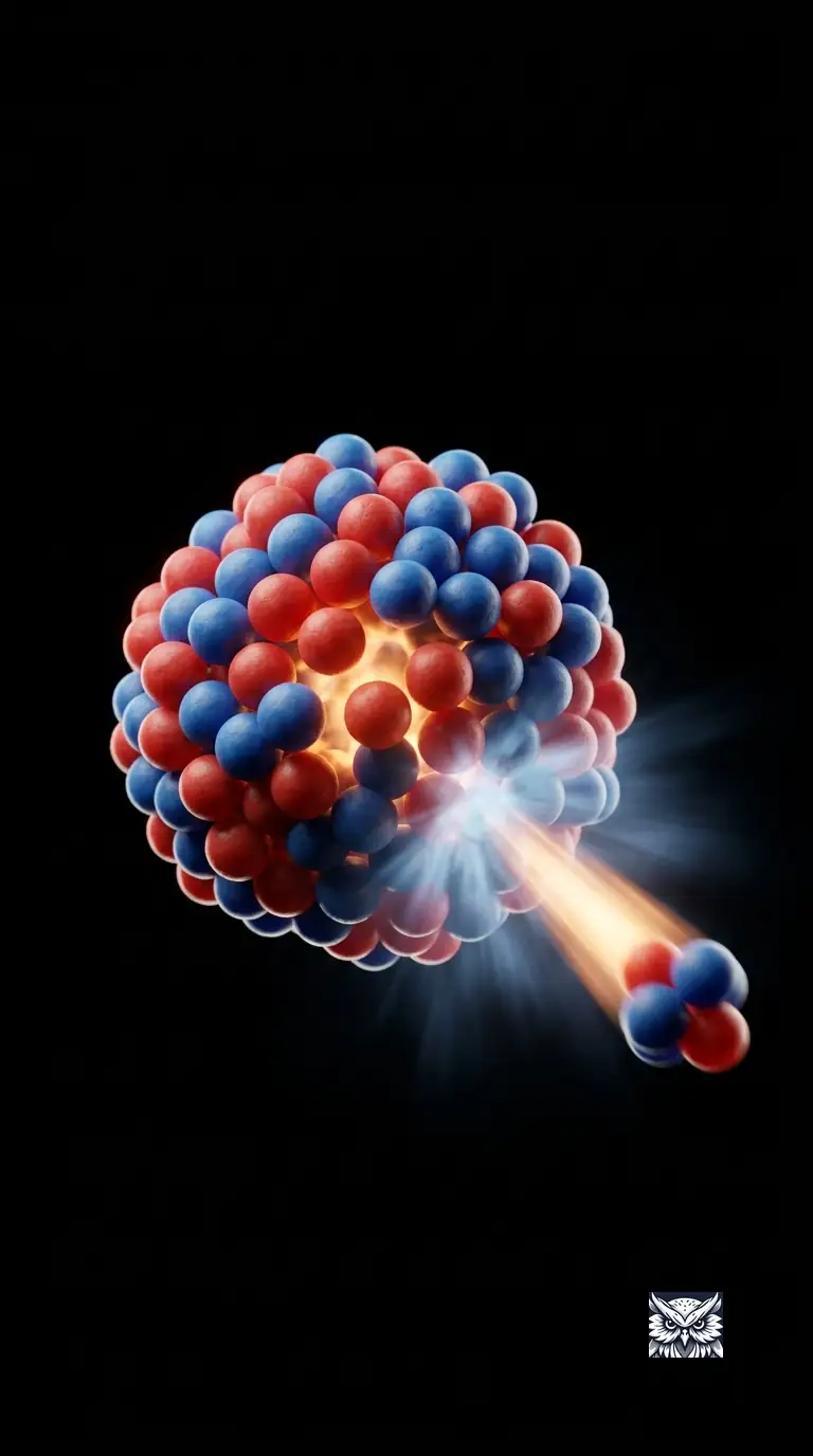 An unstable atomic nucleus ejecting a glowing fragment as it decays into a different element