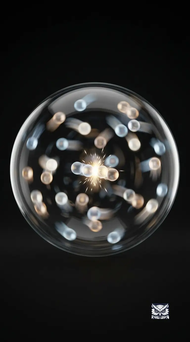 Countless glowing gas-molecule spheres in chaotic high-speed motion colliding inside a transparent container