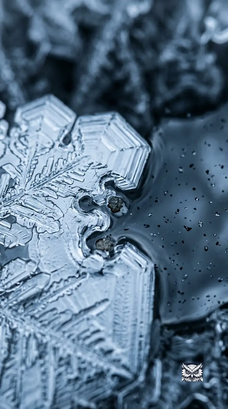 A growing ice crystal's sharp edge curving around scattered dissolved solute particles