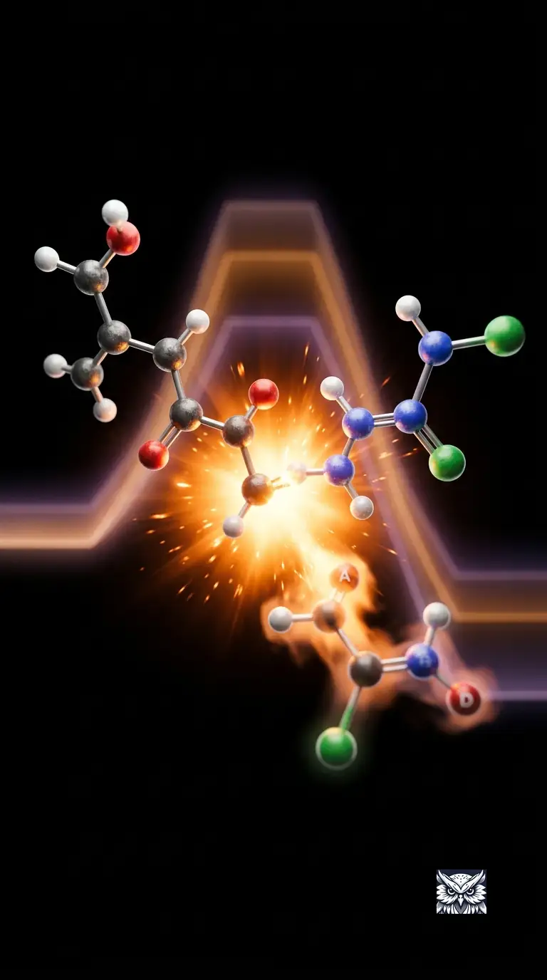 Two colliding molecules releasing a burst of glowing light and heat as they transform into new products