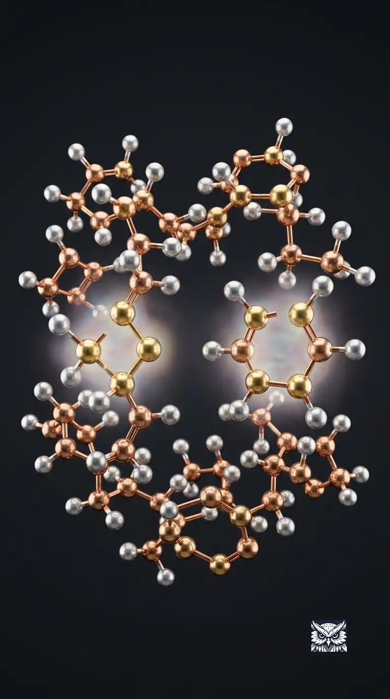 Two sets of molecules converting into each other in both directions at once, frozen mid-exchange