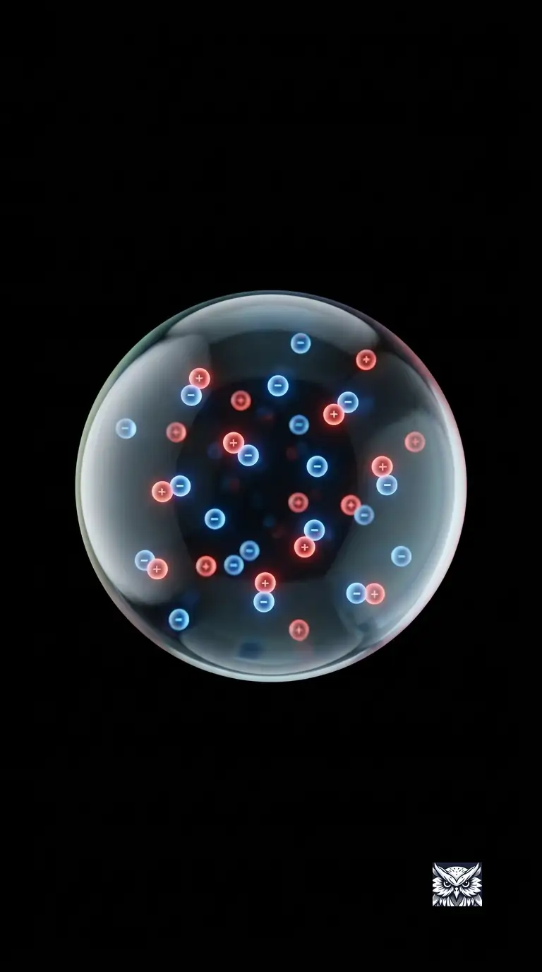 A suspended water droplet containing countless glowing ions, some paired, some dissociated