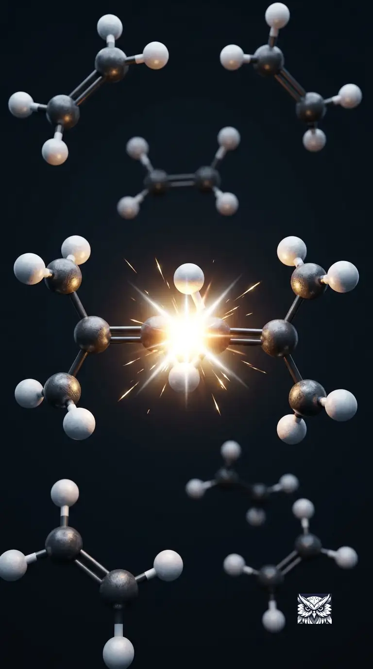 Two molecules colliding at the exact orientation and energy needed to react, glowing at the point of impact