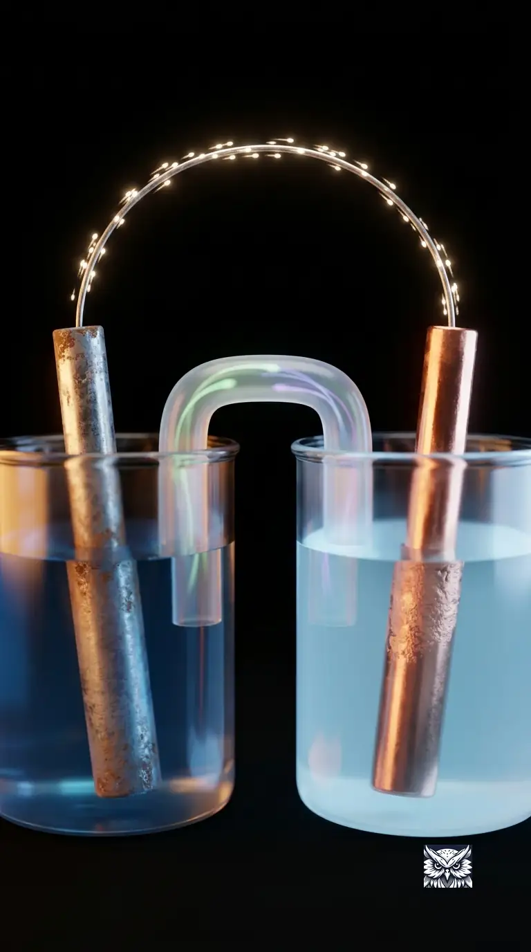 A zinc and copper electrode Daniell cell connected by a wire glowing with visible electron flow