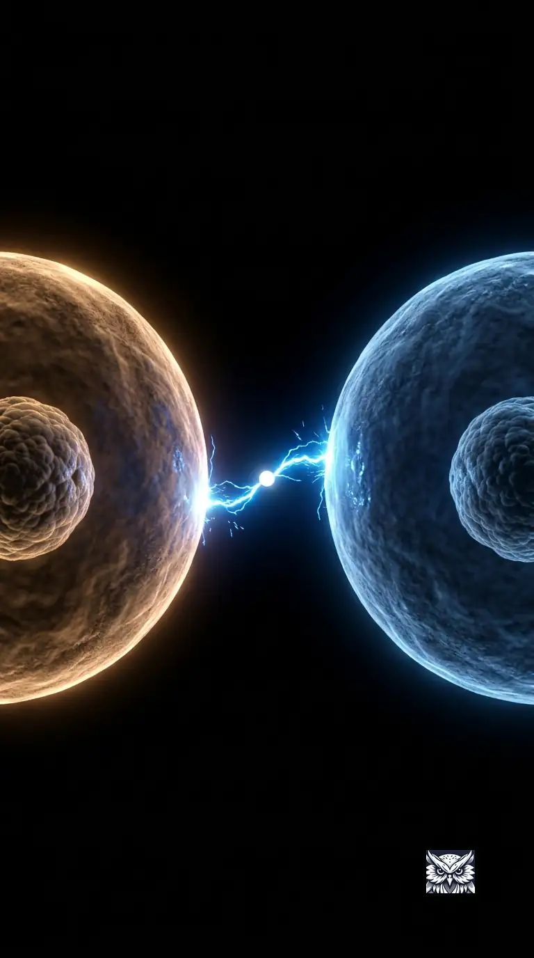 One atom losing an electron to another, the transfer captured as a glowing spark leaping between them