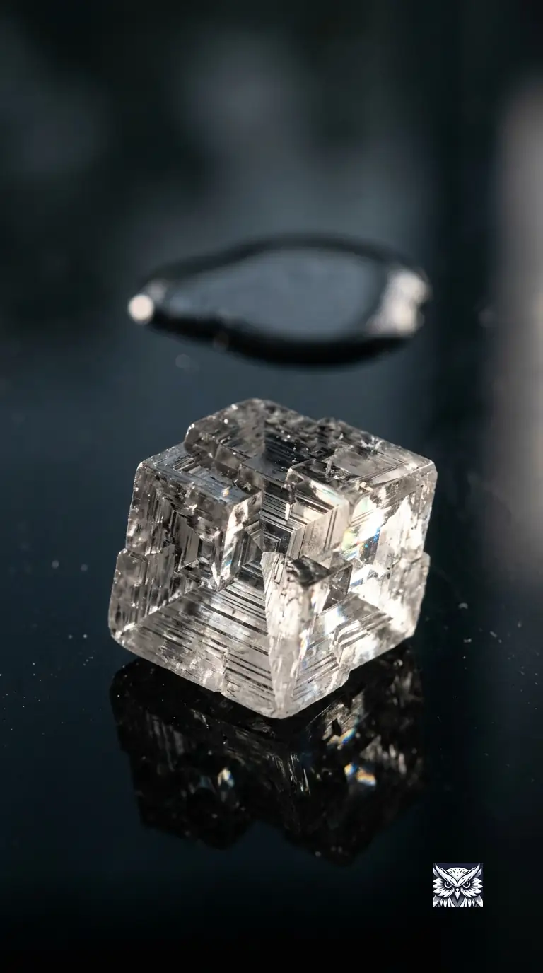 A naturally faceted crystal catching studio light, its sharp geometric planes revealing its internal atomic order