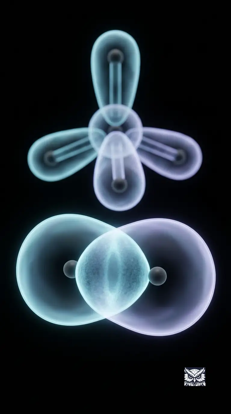 Two atomic orbital clouds merging into a glowing bond, with a tetrahedral molecule's shape visible behind
