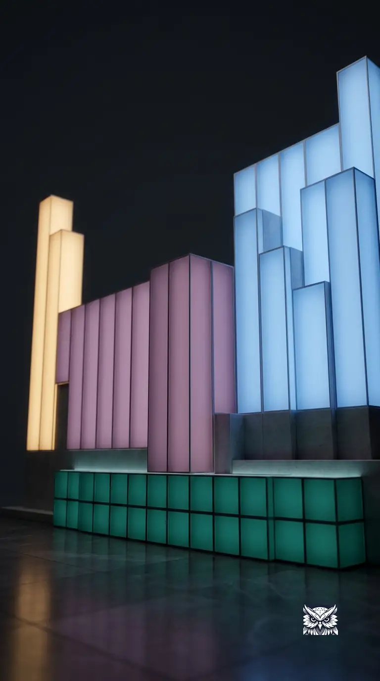 The periodic table reimagined as a glowing architectural structure, its s, p, d, and f blocks lit as distinct zones