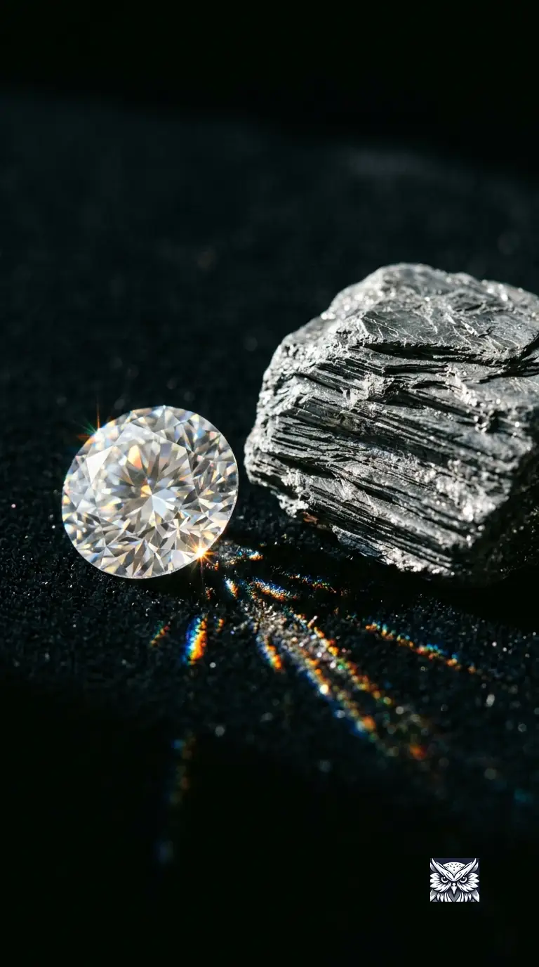 A brilliant-cut diamond beside a matte chunk of graphite on a dark velvet surface