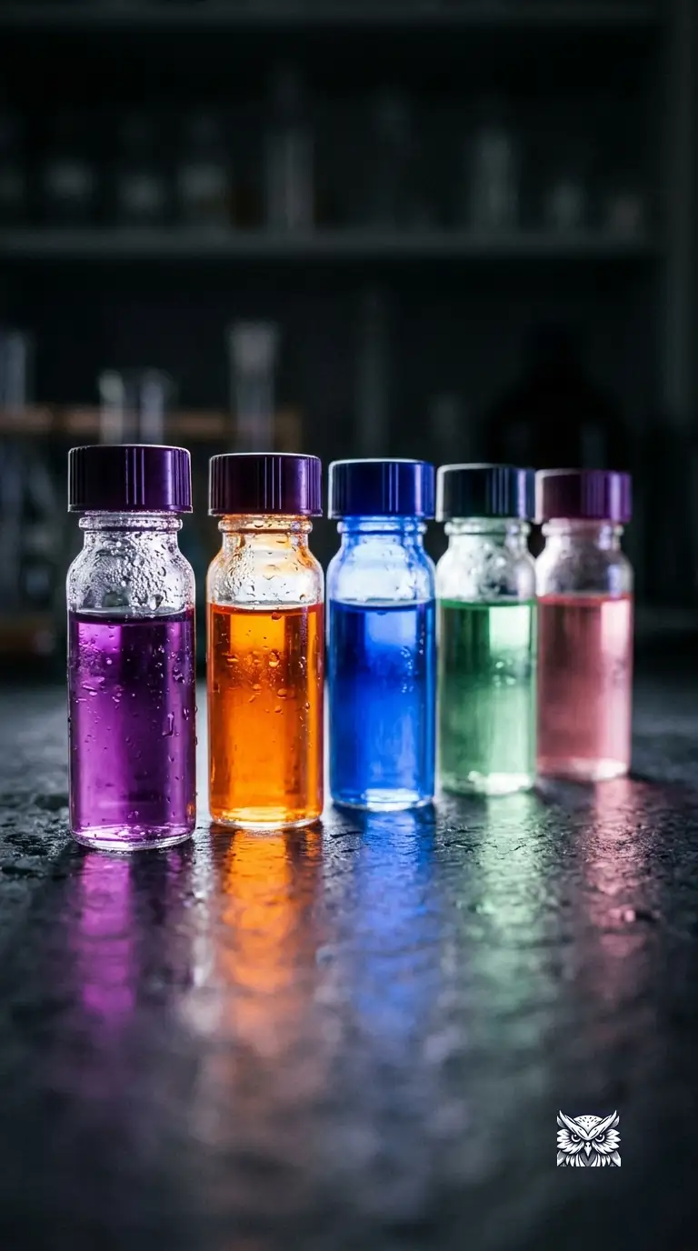 Five small glass vials in a row, each filled with a vividly different coloured transition metal solution