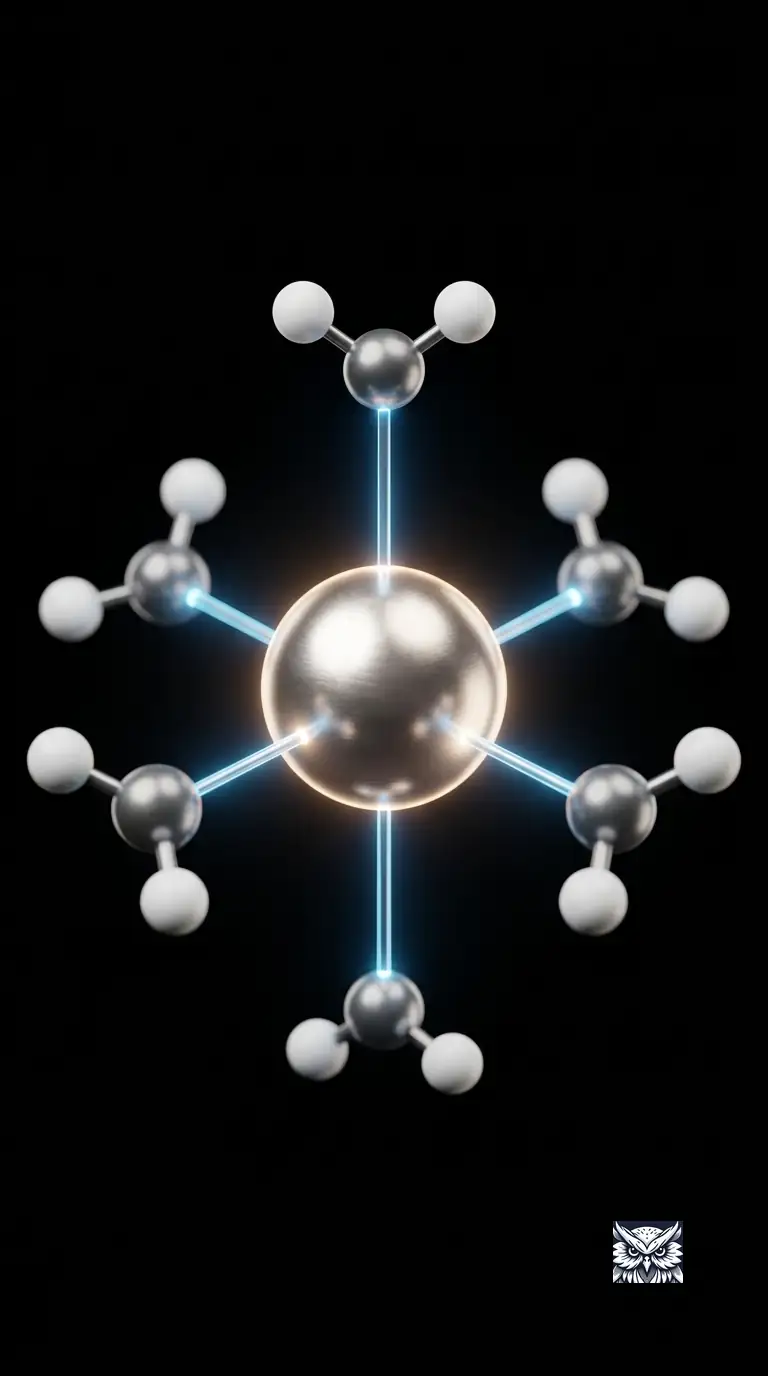 A central metal atom surrounded by six ligand molecules arranged in perfect octahedral geometry