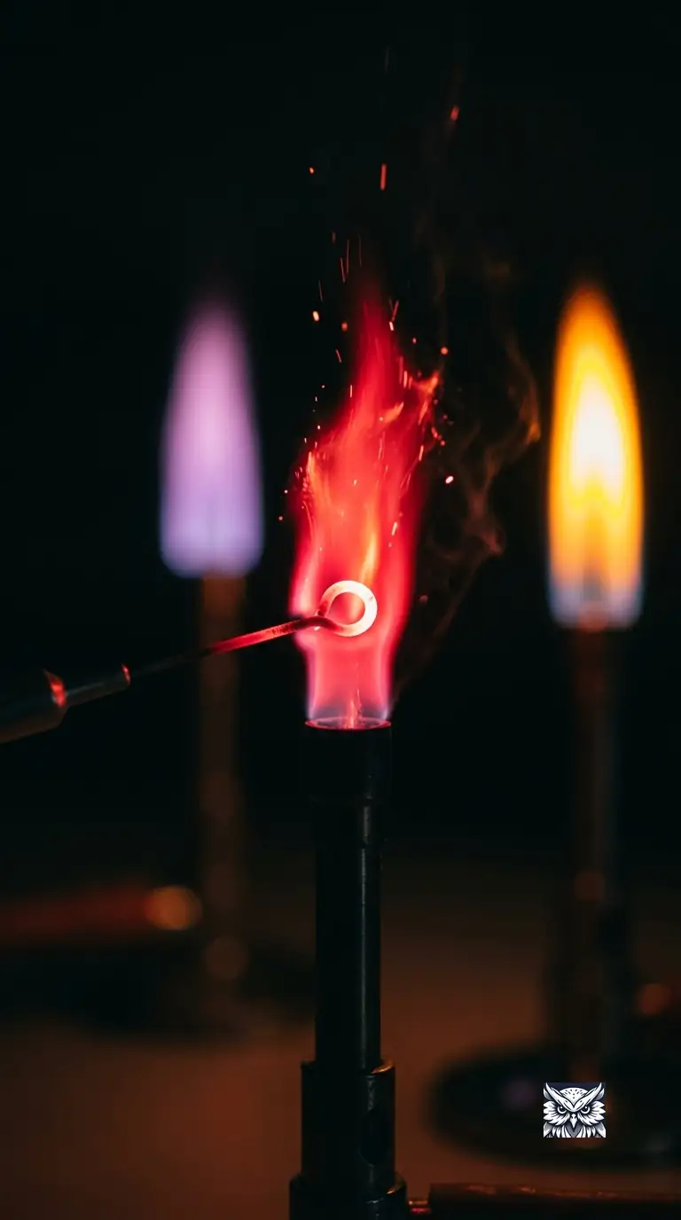 A wire loop held into a bunsen burner's flame, glowing an intense crimson-red from a metal salt sample