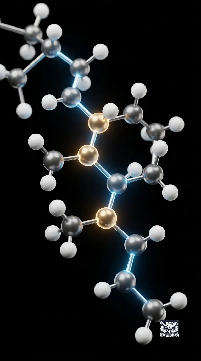 A branched carbon-chain molecule with each branch point lit distinctly along its main chain