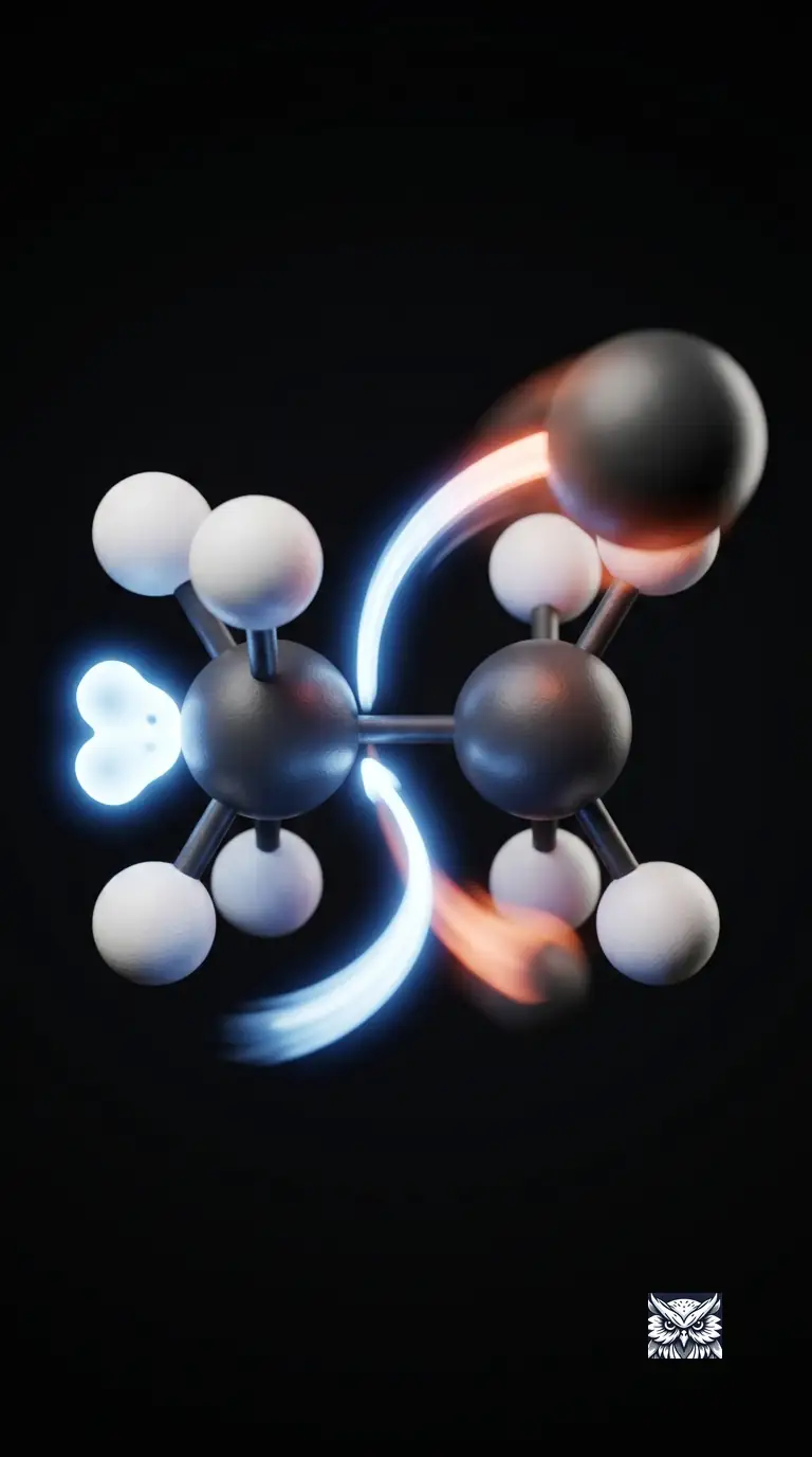 A glowing curved trail showing an electron pair moving from a nucleophile to an electrophilic carbon