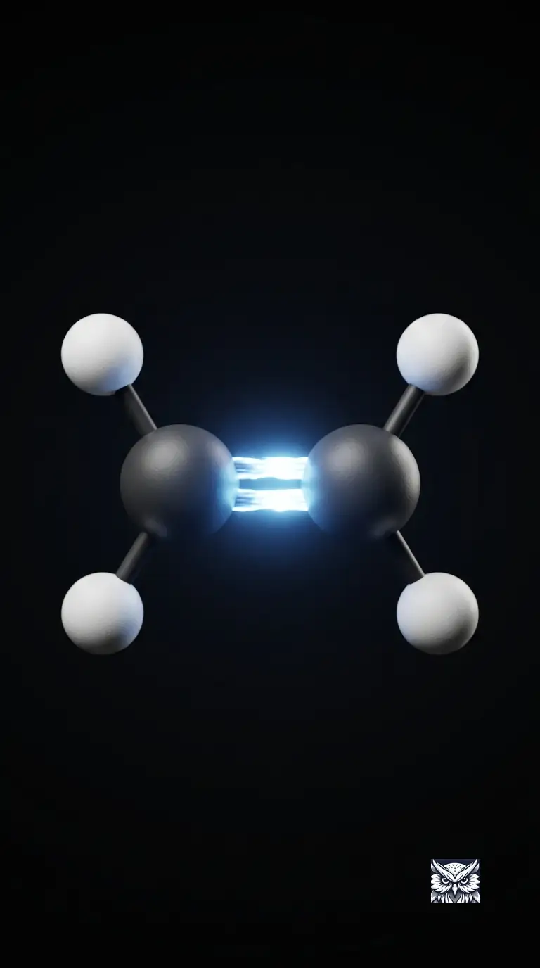 An ethene molecule with its double bond rendered as a denser, brighter glowing band between two planar carbons