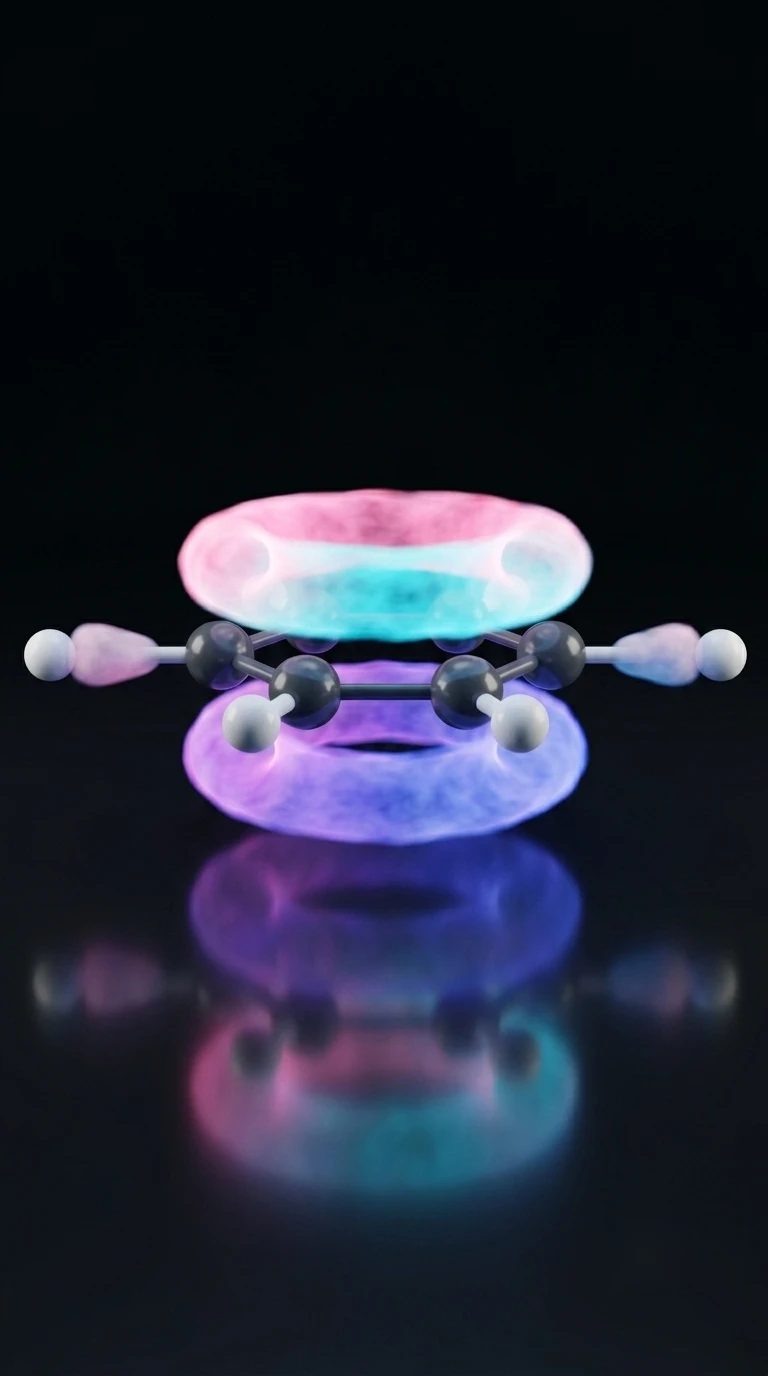 A hexagonal benzene ring with a soft glowing halo of delocalized electrons circulating above its plane