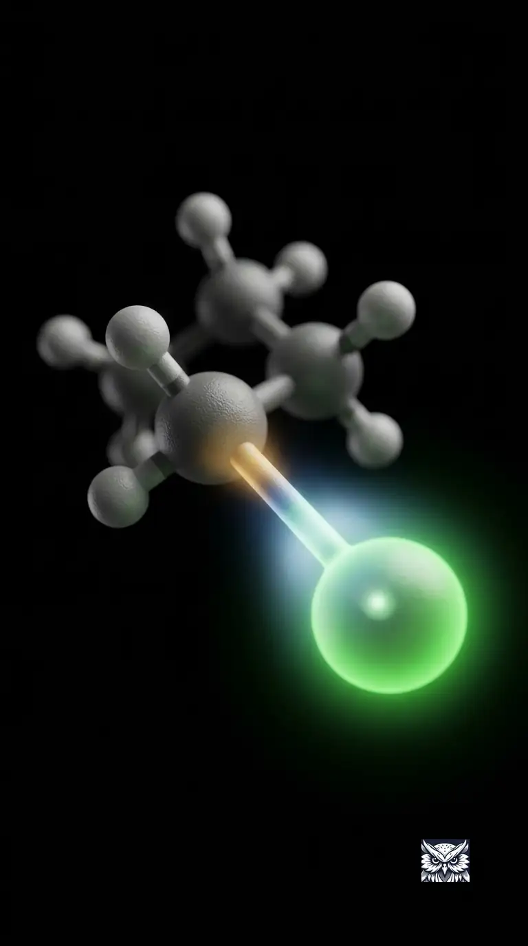 A short carbon-chain molecule with a large green-glowing chlorine atom attached, its bond visibly polarized
