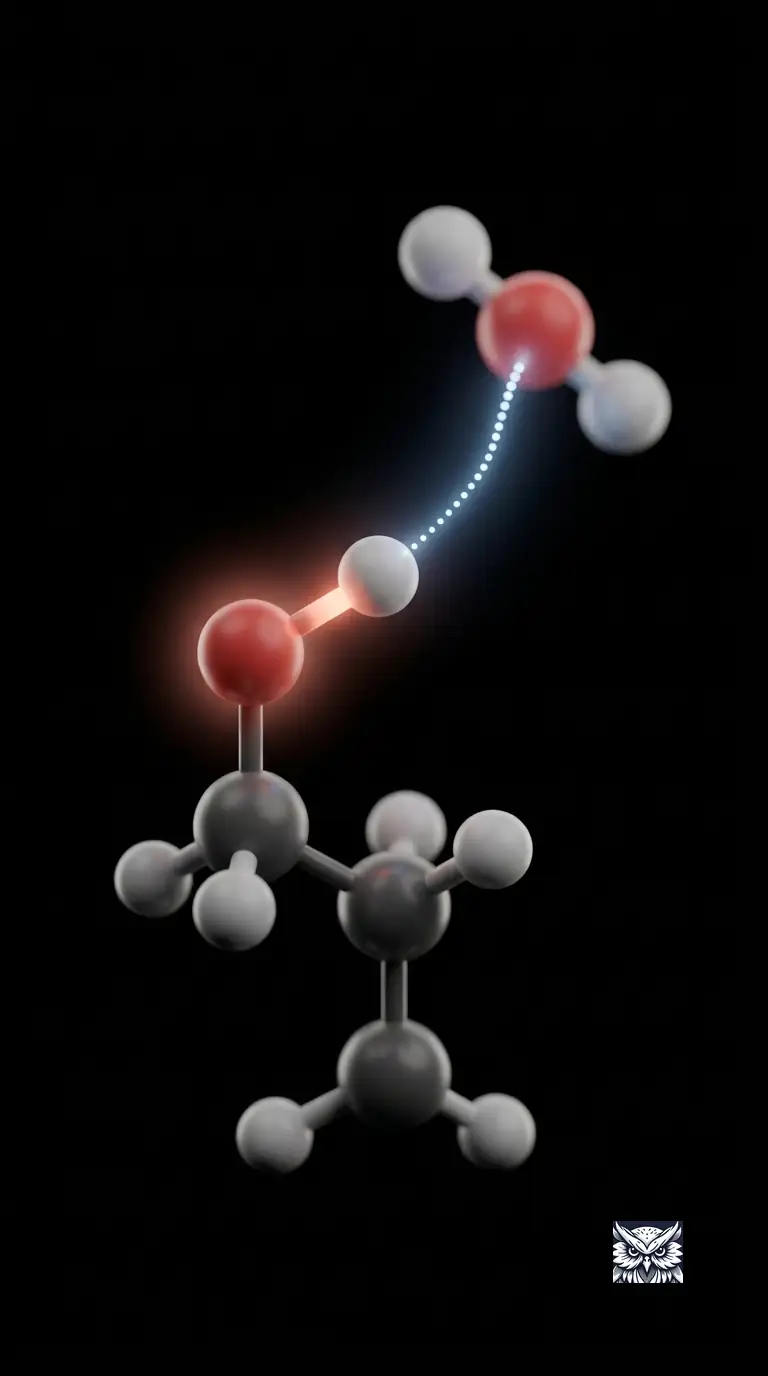 An ethanol molecule's O-H bond linked by a faint glowing hydrogen-bond thread to a neighbouring water molecule