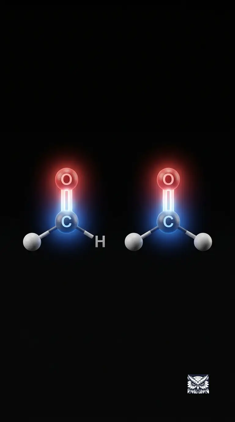 An aldehyde and a ketone side by side, their carbonyl oxygen glowing red and carbon glowing blue