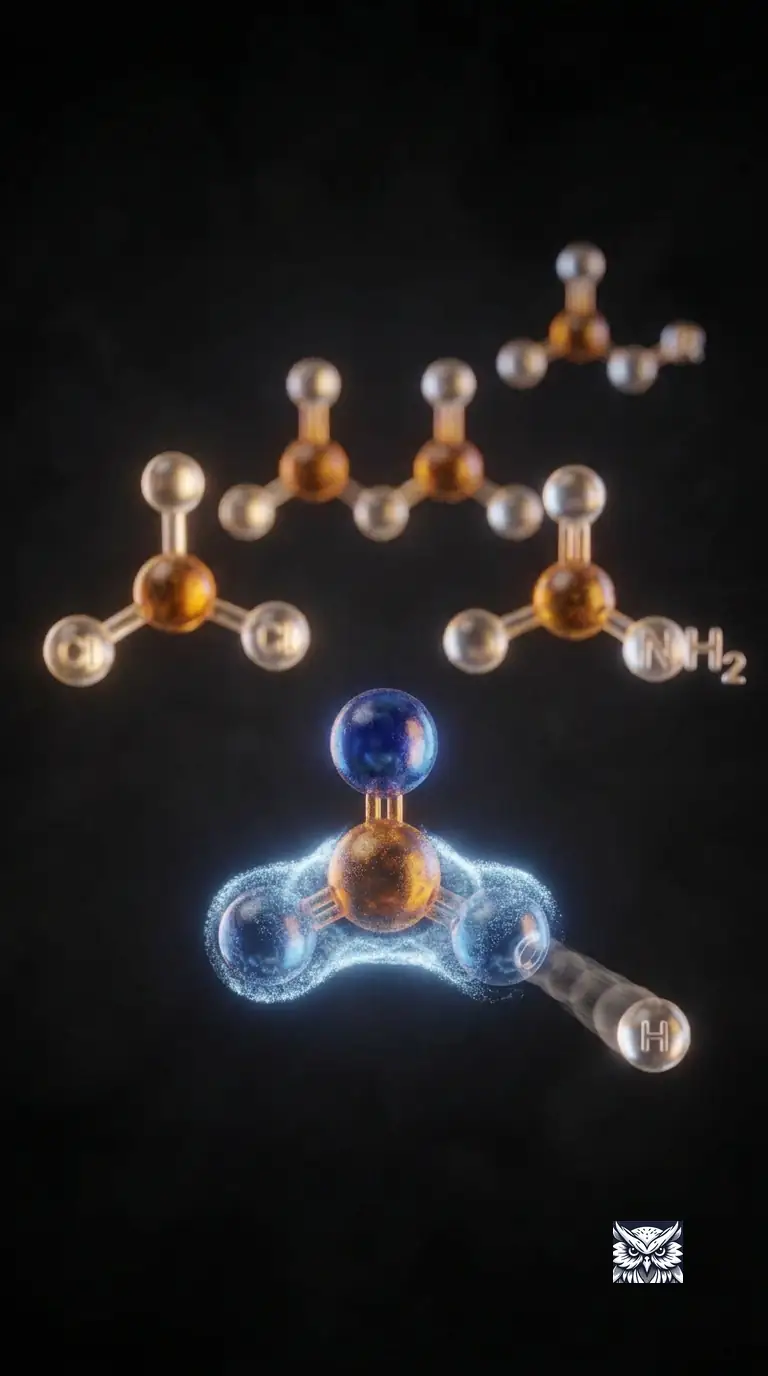 A carboxylic acid group releasing a proton into a resonance-stabilized glow, with related derivative molecules behind it