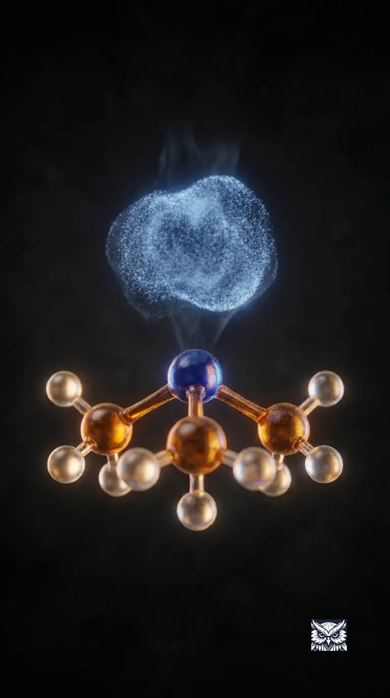 A nitrogen atom's lone pair rendered as a glowing lobe pointing away from its three attached groups