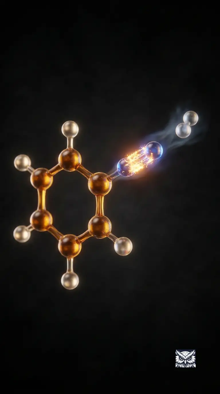 A benzene ring with an unstable, intensely glowing nitrogen-nitrogen triple bond attached, nitrogen gas escaping