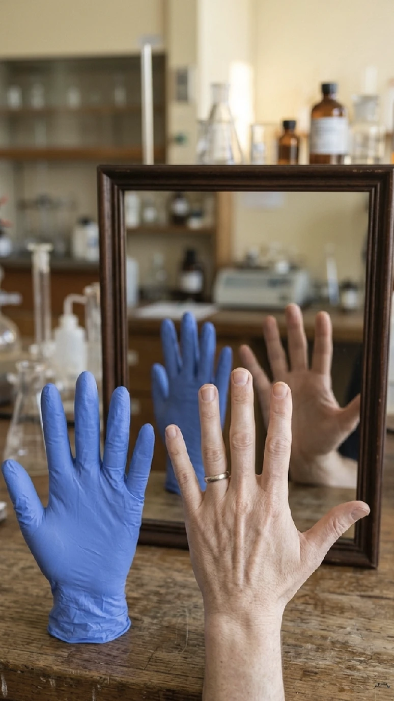 A blue-gloved hand held up to a mirror, its bare-skinned reflection appearing as the non-superimposable mirror twin