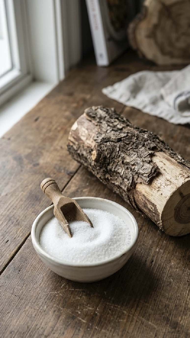 A bowl of granulated sugar beside a raw wood log on a wooden table, showing the same molecule in two forms