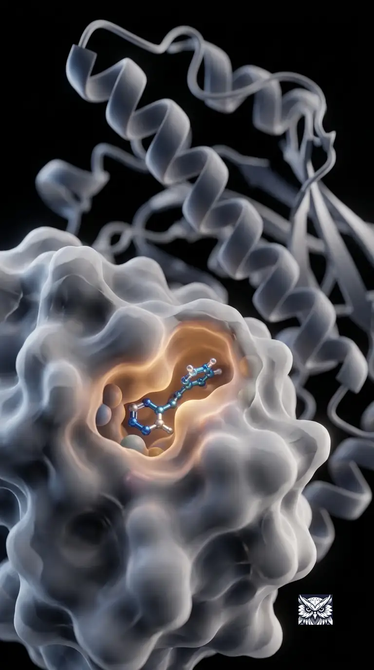 An amino-acid chain folding into a helix, with an enzyme's glowing active site fitting a smaller substrate molecule