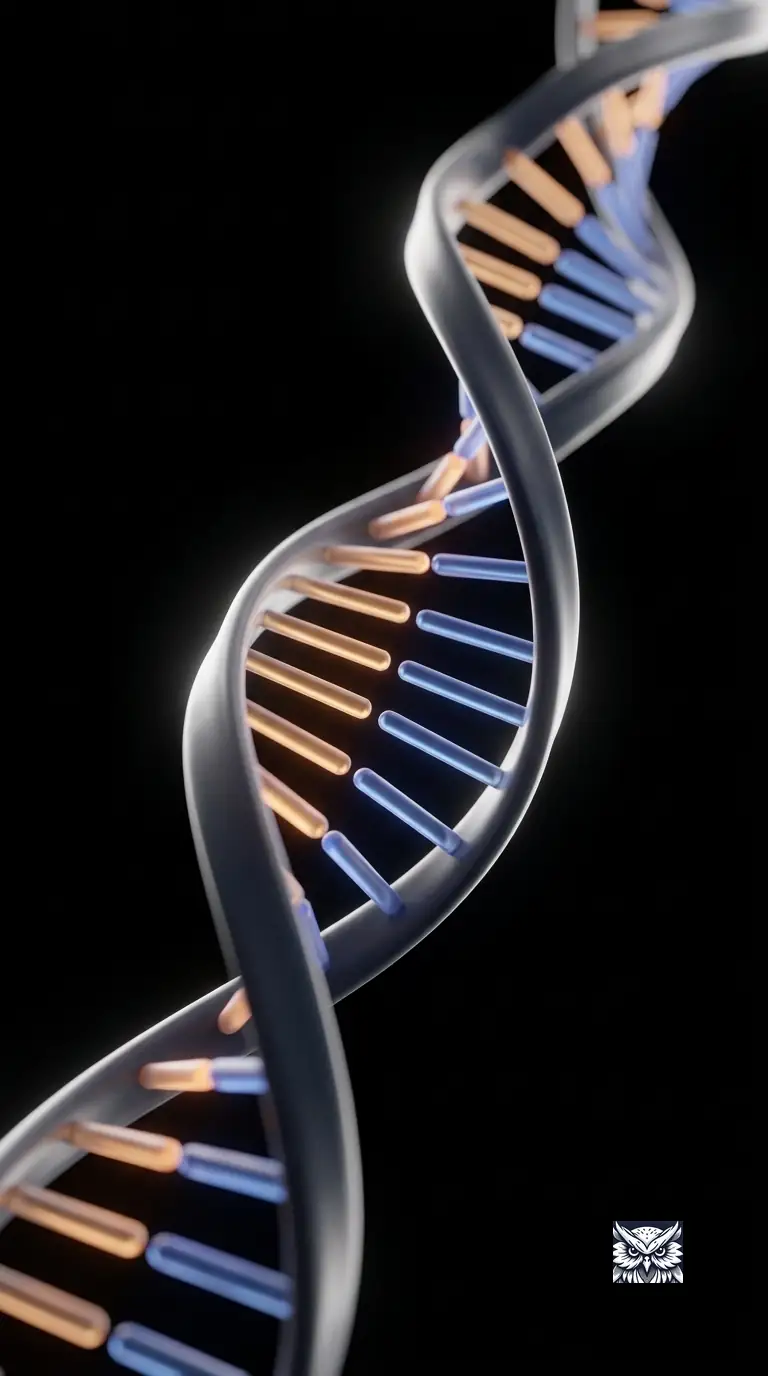 A DNA double helix twisting through darkness, its glowing base pairs rendered as rungs of light along the backbone